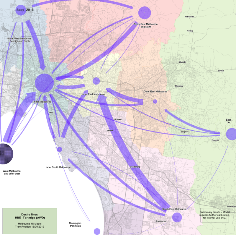 Desire line plot showing travel patterns Across Melbourne for Tertiary education trips