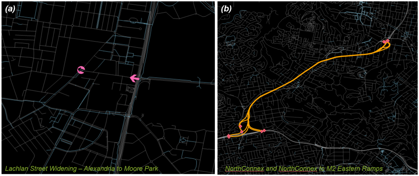 Option codes for future network changes—update an existing road with transitions (a) or add a new road (b).