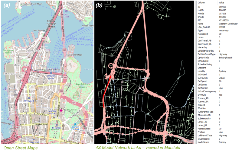 Imported OpenStreetMap data (a), coded into the 4s Model with road link attributes (b)