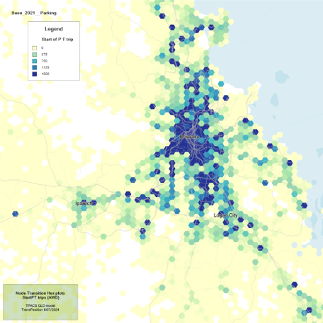 Density plots showing how many PT trips started in each Hex area.